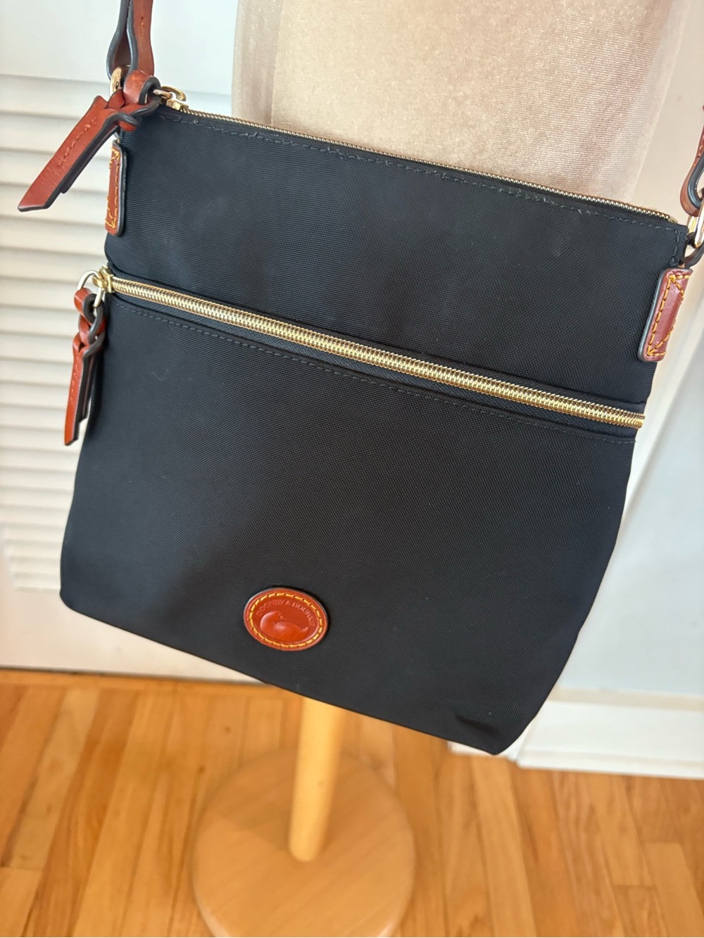 Dooney & Bourke Black Nylon Crossbody with Brown Leather Trim and Gold Hardware